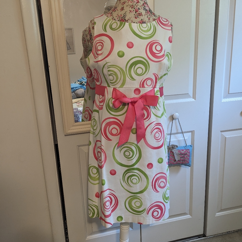 Jessica Howard Sleeveless Dress Green and Pink Swirls with ribbon belt